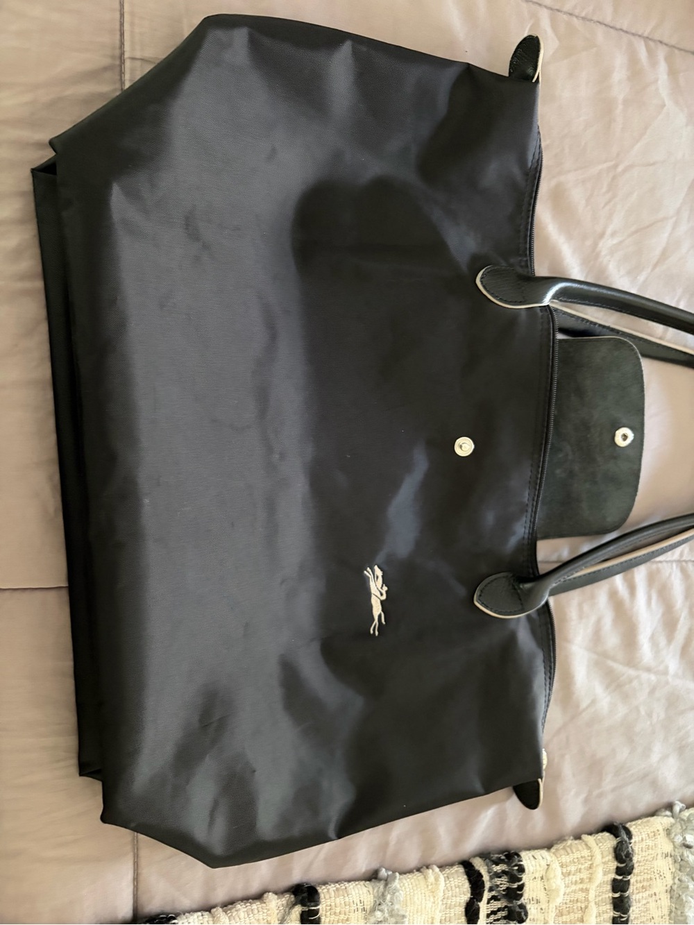Black Nylon Tote with Leather Trim and Top Flap - Picture 4 of 4